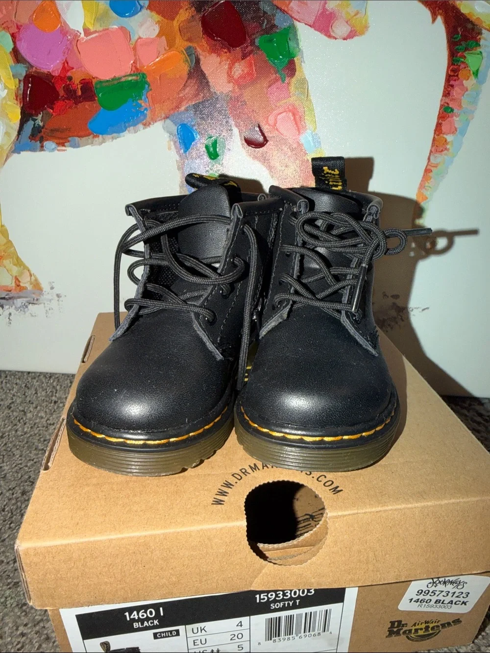 Dr. Martens Kids Black Lace-Up Ankle Boots with Yellow Stitching